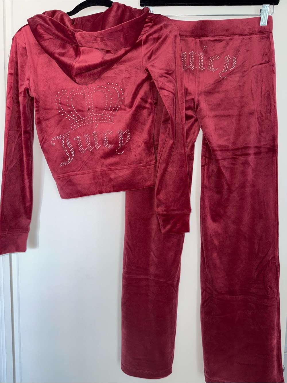 🍒 NWT Juicy Couture Burgundy Velour Rhinestone Hooded Tracksuit Set